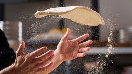 Close-up image of a person's hands tossing and stretching pizza dough, with a cloud of white flour dust suspended in the air around the dough. 