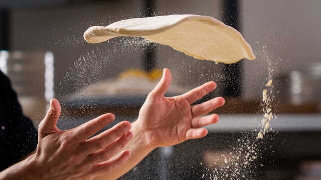 Close-up image of a person's hands tossing and stretching pizza dough, with a cloud of white flour dust suspended in the air around the dough. 
