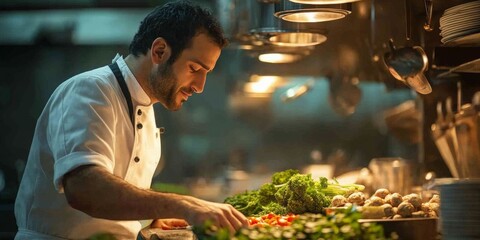 Chef Evaluating Fresh Ingredients in a Blurred Kitchen Setting, Soft Overhead Lighting Enhancing Culinary Focus and Atmosphere