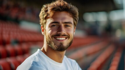 A man with a beard and a smile is sitting on a red bench. He is wearing a white shirt and he is enjoying himself