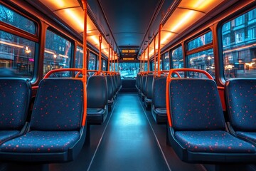 Empty bus seats with windows. The image is perfect for illustrating concepts like public transportation, urban living, or the quiet moments of everyday life.