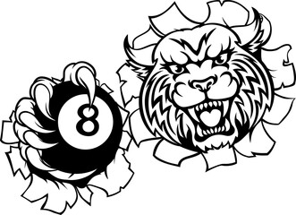 Wildcat Angry Pool 8 Ball Billiards Mascot Cartoon