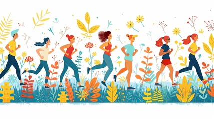 Running people. Cartoon flat style. Cute characters. Sport, jogging, rush, race, ambition, success aspiration, marathon concept. Hand drawn Vector illustration. Square seamless Pattern, background