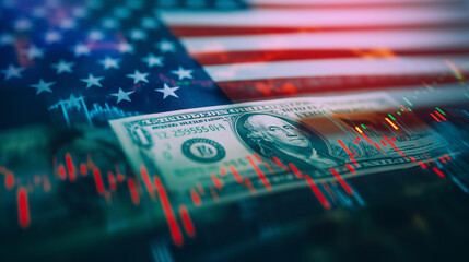 Digital stock trading charts screen with USA Amarica flag, dollar notes background. economy of US concept.	