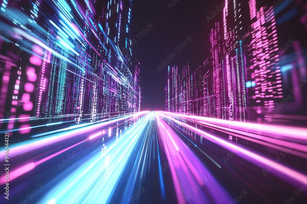 Poster a futuristic abstract technology background with modern and digitally generated neon blocks represen