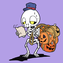 たくさんのカボチャを運ぶガイコツの配達員のフルカラーイラスト