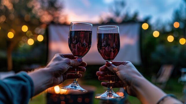 Hand holding wine glass closeup view in an outdoor movie party