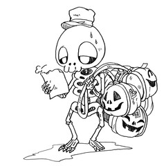 たくさんのカボチャを運ぶガイコツの配達員の線画イラスト