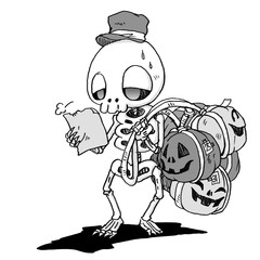 たくさんのカボチャを運ぶガイコツの配達員のモノクロイラスト