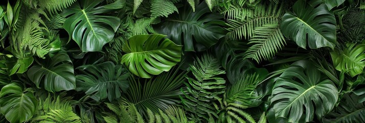 Fototapeta premium Background of tropical foliage plant bush nature backdrop featuring Monstera, fern and palm leaves.