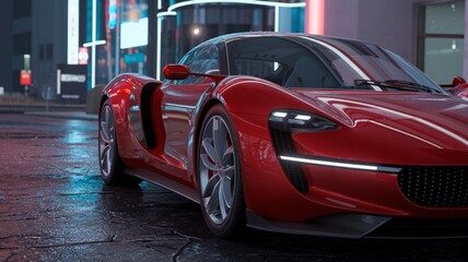 Obraz premium A vibrant red sports car with a glossy finish is parked on a wet city street at night. The car's sleek design is accentuated by the reflections of neon lights on its surface.