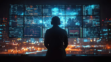 The analyst monitors various digital dashboards showcasing global data trends amid a vibrant city skyline after dark