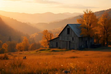 Misty mountain landscape with lone barn surrounded by golden autumn fields at sunrise