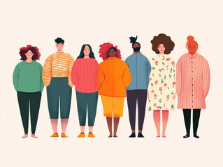 Cartoon illustration of diverse people standing together