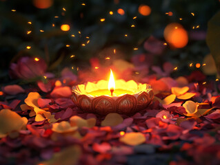 A glowing diya placed on a bed of vibrant flower petals in the middle of a quiet garden
