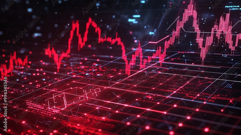Poster abstract digital financial data analysis with red graphs and charts on a dark background.