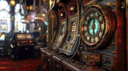 Obraz premium Vintage Slot Machine Display with Intricate Details and Golden Accents in Retro Casino