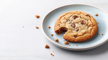 Chocolate chip cookie on a blue plate with crumbs, white isolate background.