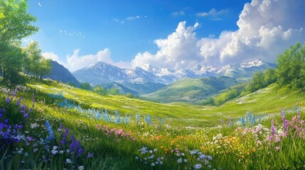 Beautiful colorful landscape of wild nature, featuring blooming flowers, rolling green hills, and a clear blue sky