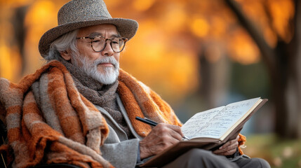 An elderly man, wrapped in a cozy blanket, writes thoughtfully in his notebook under vibrant autumn trees in a tranquil park