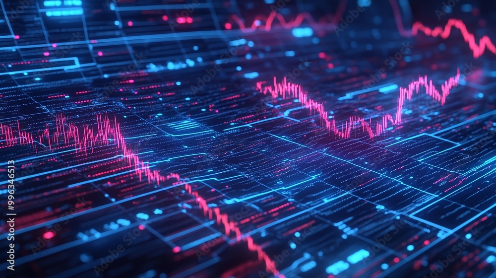 Poster abstract digital financial data visualization with glowing graphs and charts on a dark background.