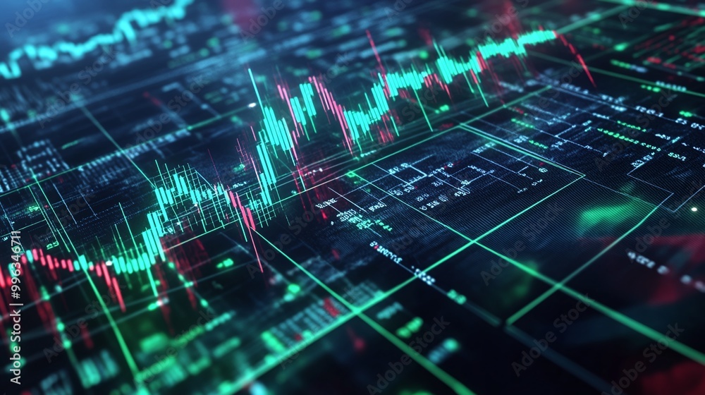 Poster abstract digital financial data visualization with graphs and numbers on a dark background.