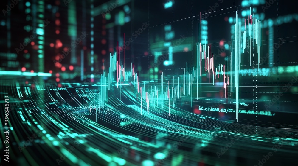 Poster abstract digital financial data visualization with graphs and charts reflecting market trends and st