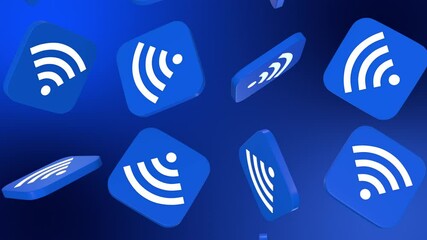 WiFi 3D Symbol Falling on a Blue Background. WiFi Signal Icon 3D Animation. 4K  - Powered by Adobe