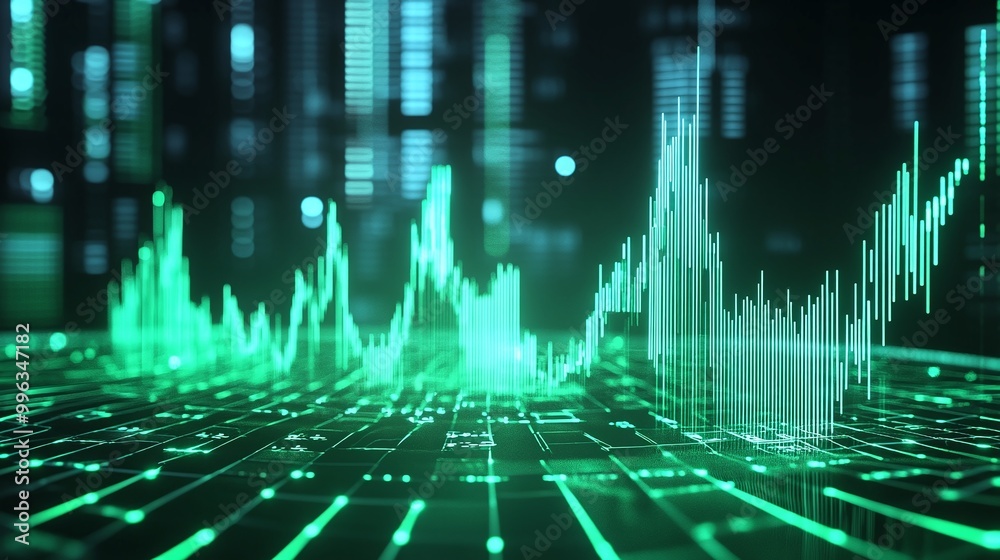 Poster abstract digital financial data visualization with green graph and grid patterns on a dark backgroun