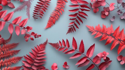 Red Algae Fern Leaves on Light Gray Background with Copy Space