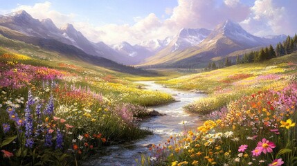 Stunning wild nature scene with vibrant wildflowers, flowing rivers, and distant mountains under a radiant and clear sky