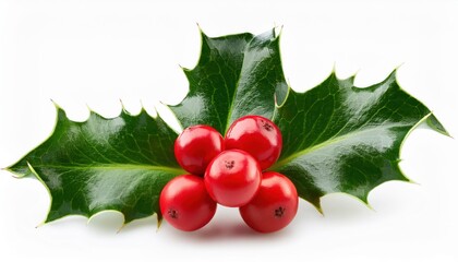 Close-Up of Vibrant Red Holly Berries and Glossy Green Spiky Leaves Isolated on a Clean White Background. Festive Symbol of Christmas and Winter Holidays