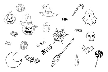 Vector set of Halloween elements. Perfect for scrapbooking, greeting card, party invitation, poster, tag, stickers. Hand-drawn style. Fall theme.