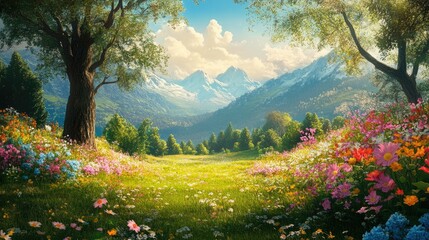 A vibrant and colorful wild nature scene with blooming flowers, green fields, and majestic trees in a serene natural setting