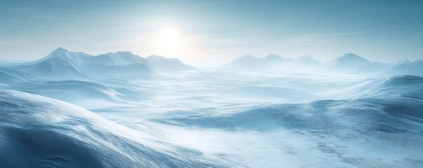 Expansive snowy landscape under soft sunlight, showcasing serene winter scenery with gentle slopes.