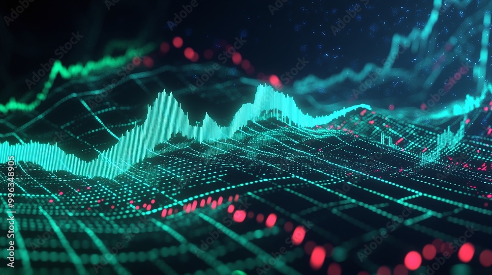 Poster abstract digital financial graph with fluctuating lines and data points against a dark background.