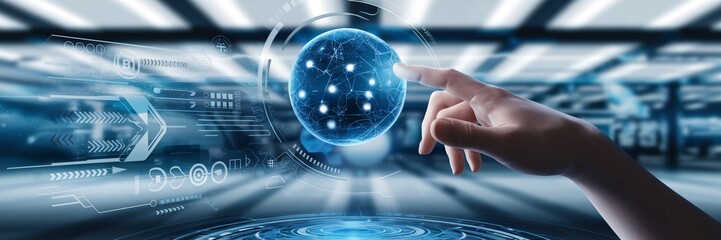 A person's hand grasps a blue globe, surrounded by digital interface elements, set against a blurred background of a large room with a high ceiling.