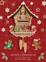 christmas card with gingerbread cuckoo clock. merry christmas background with gingerbread cookies