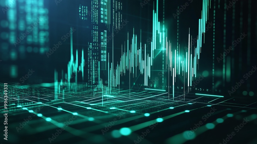 Poster abstract digital financial graph with glowing lines and fluctuating values on a dark background.
