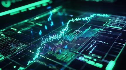 Fototapeta premium Abstract digital financial graph with glowing neon elements on a dark background.