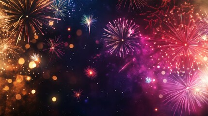 Colorful New Year Fireworks in Night Sky with City Silhouette in Background