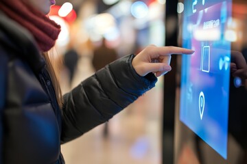 Electronic registration, ticket purchase, information, hand presses on terminal screen