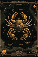 Cancer zodiac sign in the style of tarot cards, surrounded by stars and celestial symbols in a decorative astrological illustration.