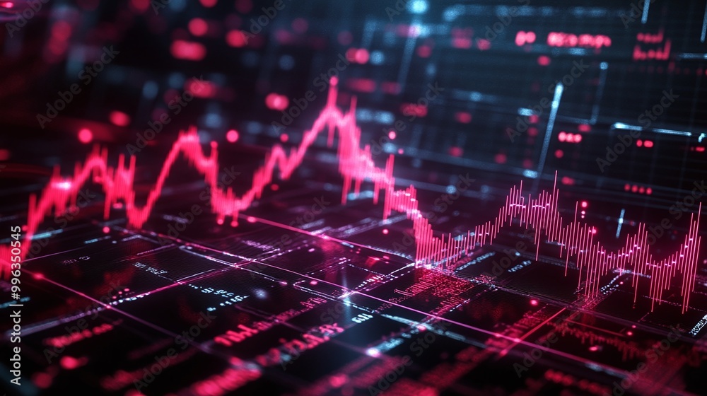 Poster abstract digital financial graph with vibrant colors and fluctuating data lines. ideal for tech and 