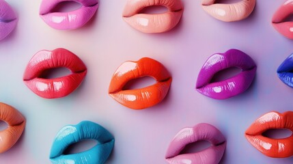 Obraz premium A collection of colorful lips in various shades on a soft pastel background, creating a fun, fashion-forward image.