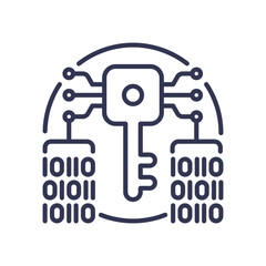 Illustration of a key with binary code and circuit lines, symbolizing digital access and data security.