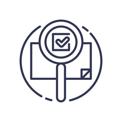 Magnifying glass over documents with check and cross marks, symbolizing investigation and analysis.