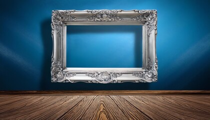 silver baroque frame on blue background, mockup