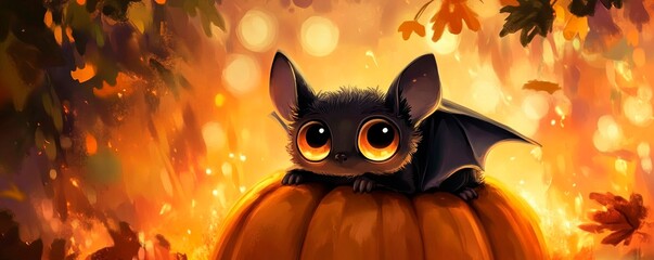 Cute bat with big eyes sitting on top of a Halloween pumpkin, in a cartoon style, with a Halloween background and autumn leaves around,