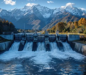 Water cascades over hydroelectric dam, surrounded by mountains and lush forests during daylight